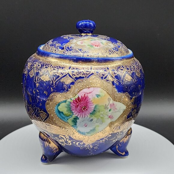 Antique Porcelain Biscuit Jar Hand-Painted Cobalt Blue & Gold Porcelain Lidded - Picture 1 of 13